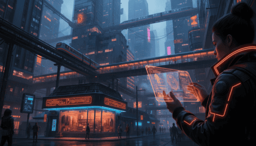 Futuristic city scene featuring a woman interacting with holographic displays in a high-tech urban e.