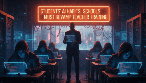 Students using AI tools in a classroom setting with a teacher overseeing digital learning.