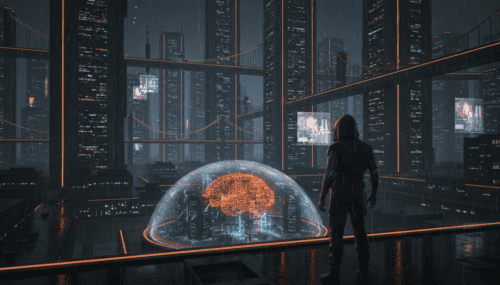 Futuristic cityscape with a person observing AI brain hologram at night.