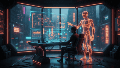 AI and human working together in a futuristic financial advisory setting.