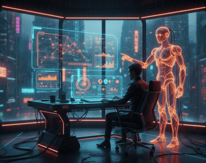 AI and human working together in a futuristic financial advisory setting.