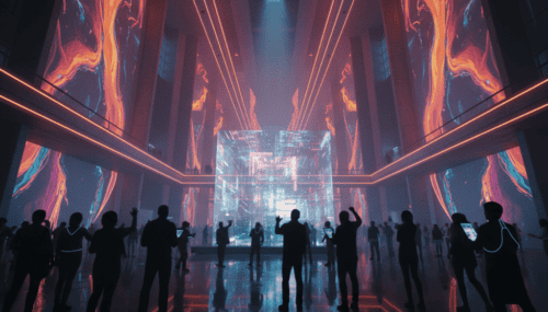 AI art installation with vibrant neon lights and digital displays in a modern museum setting.