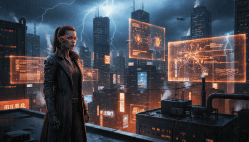 Female professional analyzing futuristic digital interfaces in a cityscape.