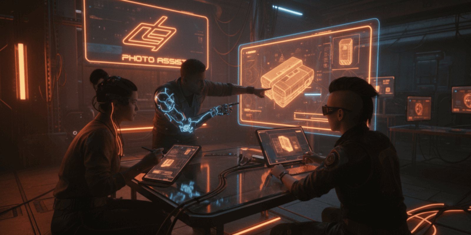 Team using Samsung Photo Assist for editing in a high-tech workspace.