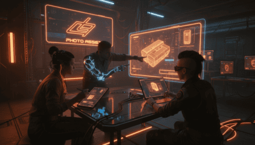 Team using Samsung Photo Assist for editing in a high-tech workspace.