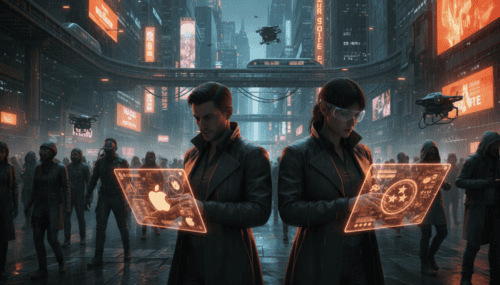 Futuristic city scene with professionals using holographic devices and drones overhead.