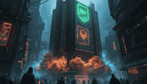 Futuristic cityscape with Nvidia and AI logos, smoke, and neon lights.