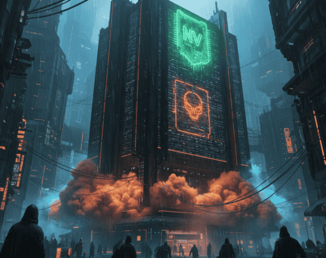 Futuristic cityscape with Nvidia and AI logos, smoke, and neon lights.