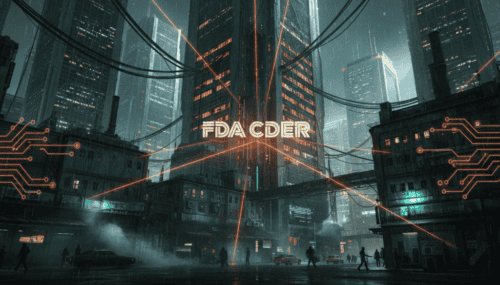 Futuristic cityscape with "FDA CDER" text highlighting AI regulation concerns.