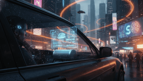 An autonomous car navigating a neon-lit city with digital holograms and AI technology displays, high.
