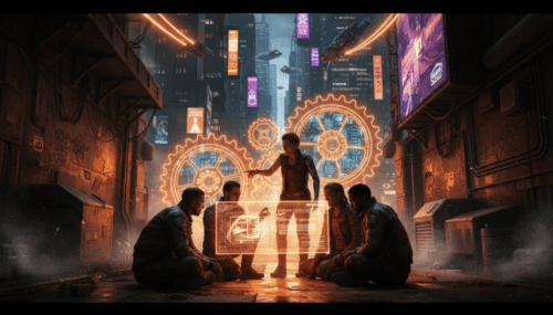 AI-driven small business process optimization in a futuristic cityscape.