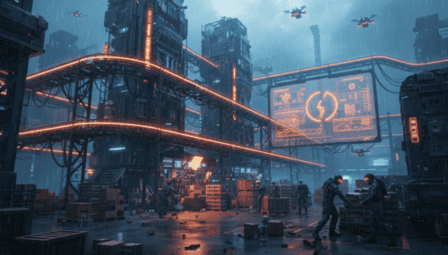 AI-powered industrial cityscape with advanced technology and drones.