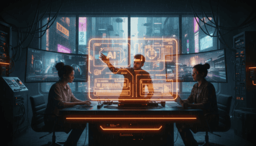 AI video director guiding small team in a high-tech control room with holographic displays.