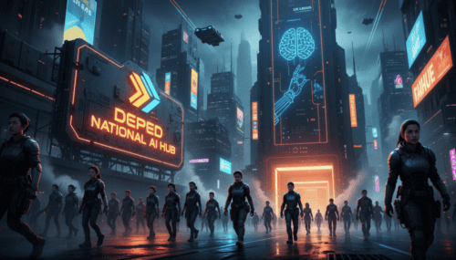 AI-powered education hub in a futuristic cityscape with students and digital technology.