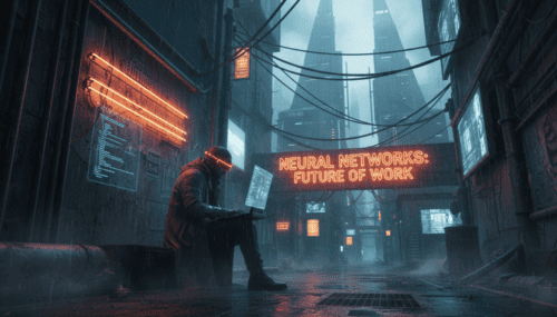 AI and neural networks in a futuristic cityscape with digital displays.