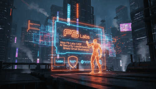 Digital illustration of AI security leaderboards protecting small businesses.