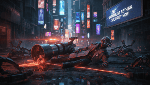 Robotic security breach in a neon-lit city with fallen drones and a soldier on the ground.