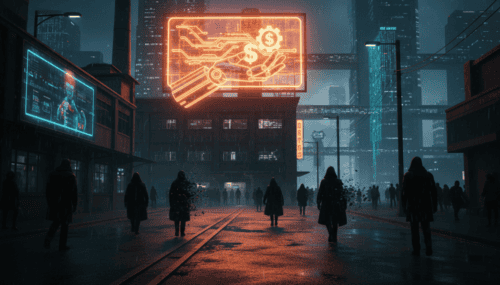 Futuristic cityscape with neon AI and finance graphics in a cyberpunk setting.