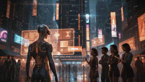 AI robot interacts with young people in a high-tech cityscape, highlighting AI's role in branding an.