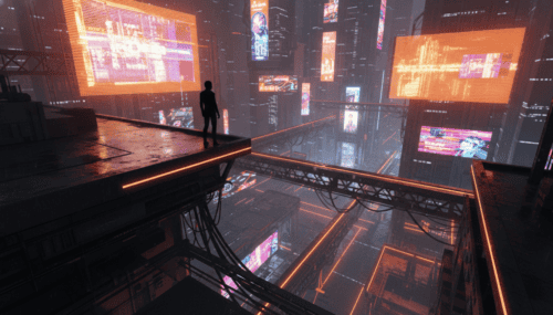 Futuristic city scene showcasing digital billboards and neon lighting, highlighting AI technology's.