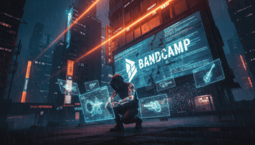 Digital artist with holographic music icons in a futuristic cityscape.
