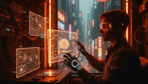 Young woman using AI-powered study tools in a futuristic cityscape.