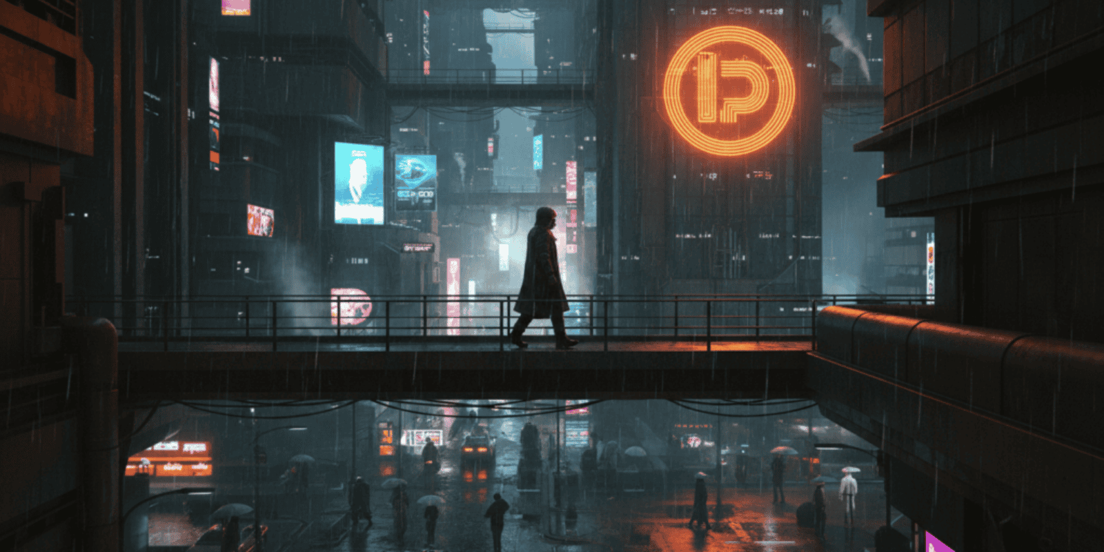 AI-powered smart city with neon signs and rainy streets in a cyberpunk setting.