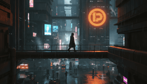 AI-powered smart city with neon signs and rainy streets in a cyberpunk setting.