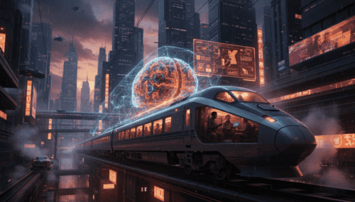 High-tech train with neural decoding technology in a futuristic urban environment.