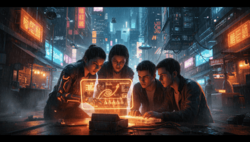 Small team collaborating with AI technology in a futuristic cityscape.