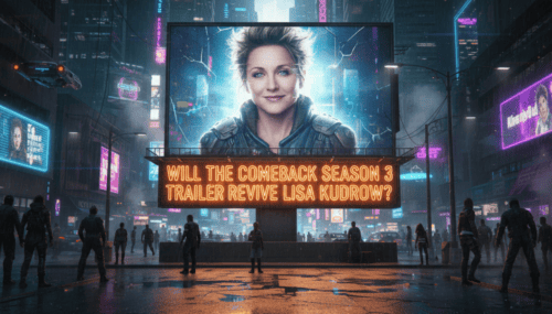 Digital billboard featuring Lisa Kudrow with text about The Comeback Season 3 trailer.