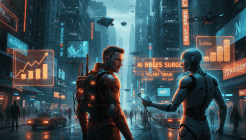 Futuristic city scene with humans and robots discussing AI's impact on jobs.