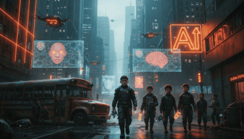 Futuristic city scene with children walking amid AI technology and digital displays.