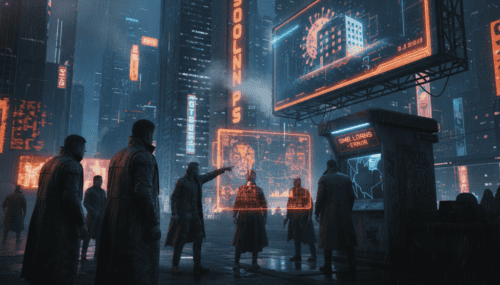 AI-generated cityscape with digital billboards highlighting cybersecurity threats.