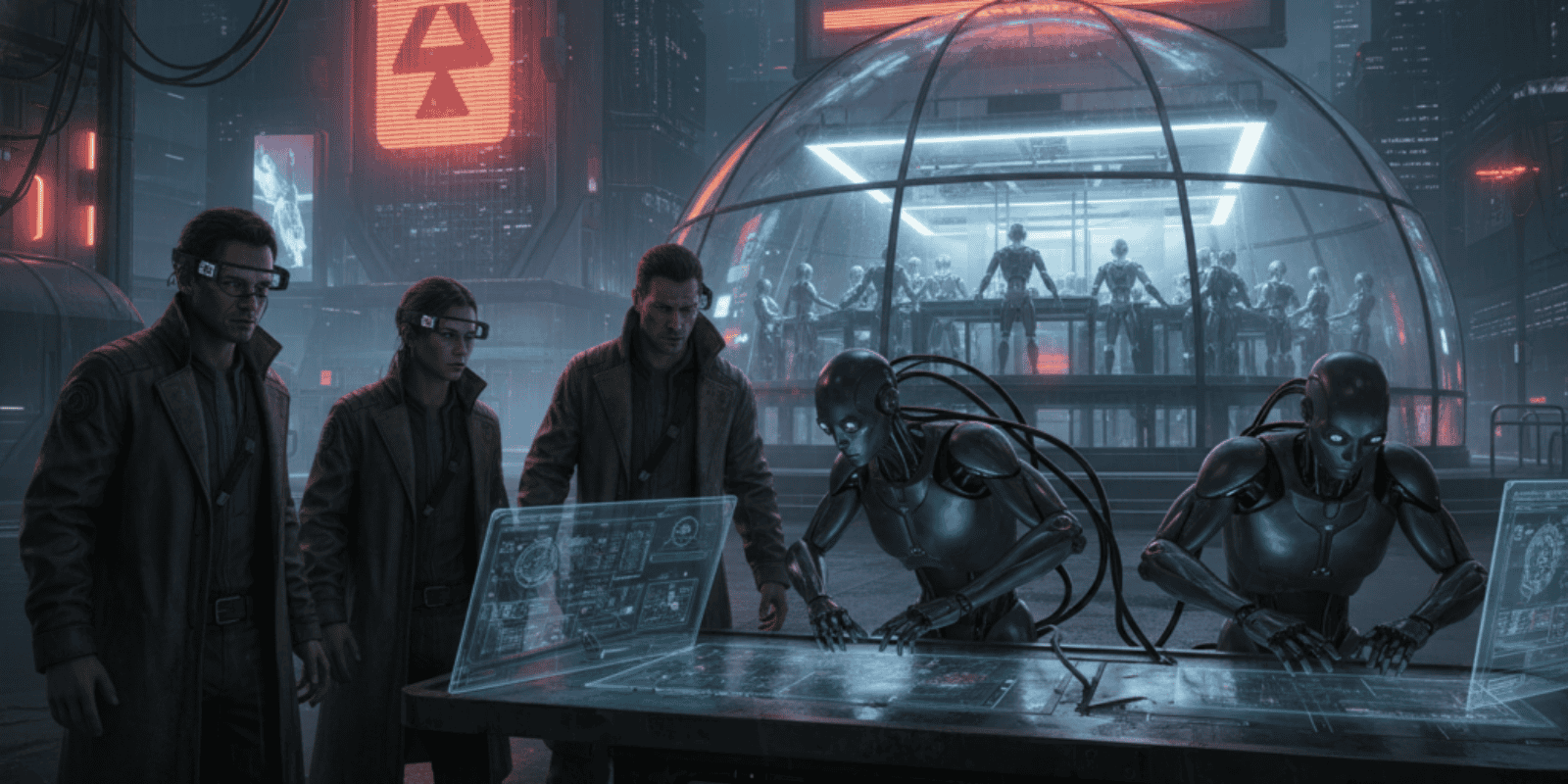 AI research division with scientists and robots working on advanced technology.