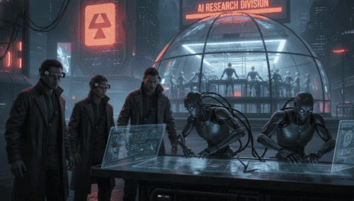 AI research division with scientists and robots working on advanced technology.