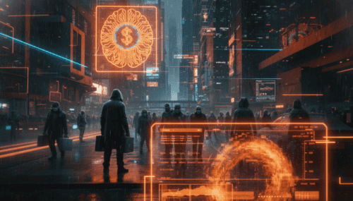 AI and finance technology in a futuristic cityscape.