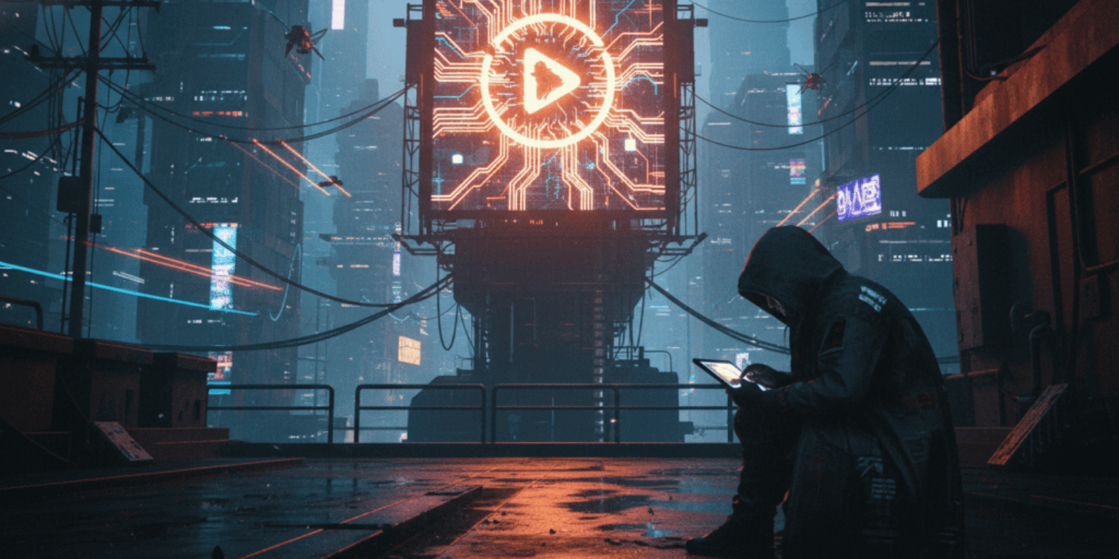 Person using a tablet in a futuristic cityscape with AI technology visuals.