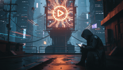 Person using a tablet in a futuristic cityscape with AI technology visuals.