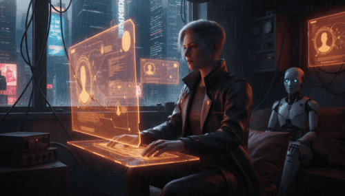 Woman using AI technology for matchmaking in a futuristic cityscape.