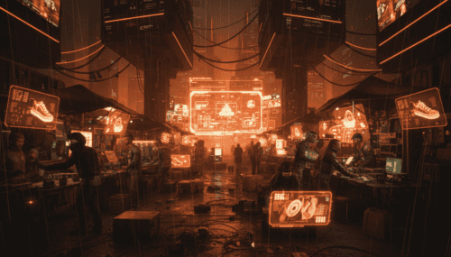 Futuristic AI data center with advanced technology and digital interfaces.