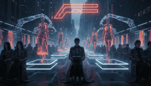 Futuristic fashion scene with AI-generated holographic models and digital runway.