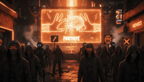 Futuristic Fortnite scene with neon signs and masked characters in a dystopian city.