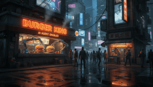 Burger King with AI agent technology in a busy, neon-lit futuristic city street.