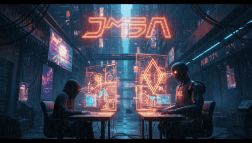 An advanced AI-driven design environment featuring two creators working on digital interfaces in a n.