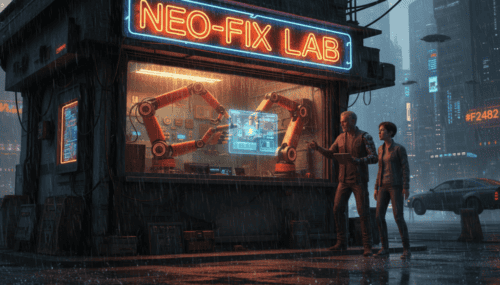 AI-powered robot repair in a neon-lit urban setting.