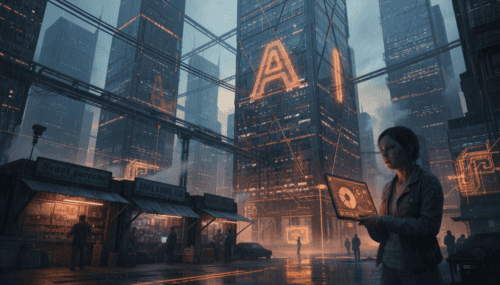 Woman using a tablet in a futuristic city with AI and digital finance icons.