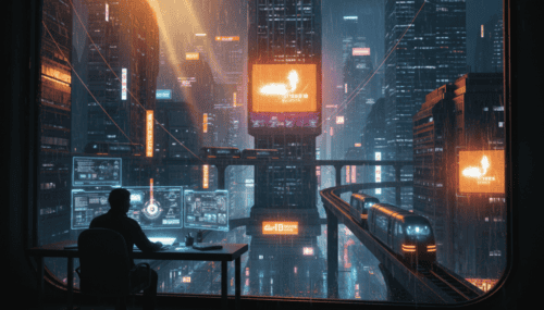 Futuristic city with AI technology and data centers at night, showcasing digital innovation.