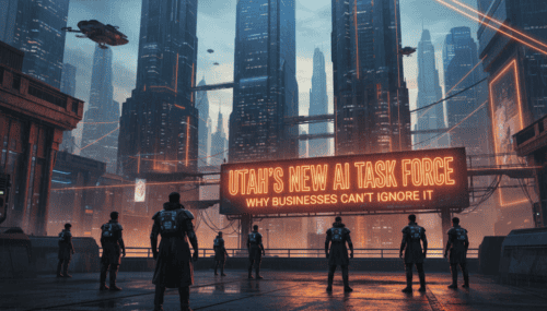 Futuristic cityscape with AI enforcement team in a high-tech urban environment.