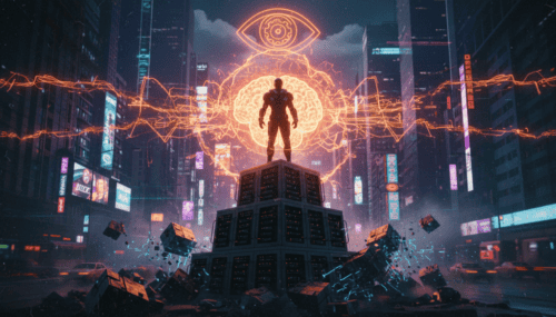 Futuristic city with a human silhouette connected to AI brain and digital data streams.